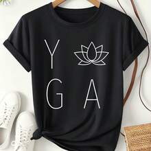 Women's T-Shirt With "Yoga For Lotus" Letter Print, 2026 Spring/Summer, Light Oxygen Style, Short Sleeve, Loose Fit Top For Everyday Yoga Wear, Versatile Fashion Design With A Zen Sports Theme, Women's Clothing S-XXL - 黑色 - 查看 1