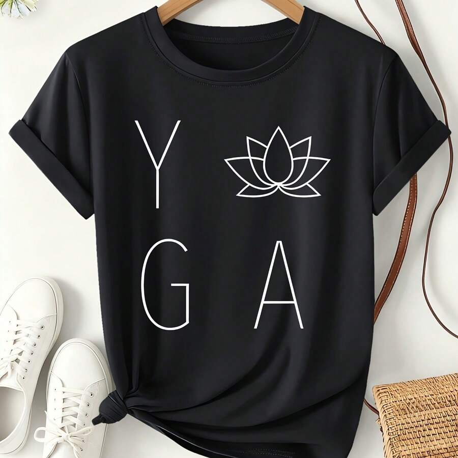 Women's T-Shirt With "Yoga For Lotus" Letter Print, 2026 Spring/Summer, Light Oxygen Style, Short Sleeve, Loose Fit Top For Everyday Yoga Wear, Versatile Fashion Design With A Zen Sports Theme, Women's Clothing S-XXL - 黑色 - 查看 1
