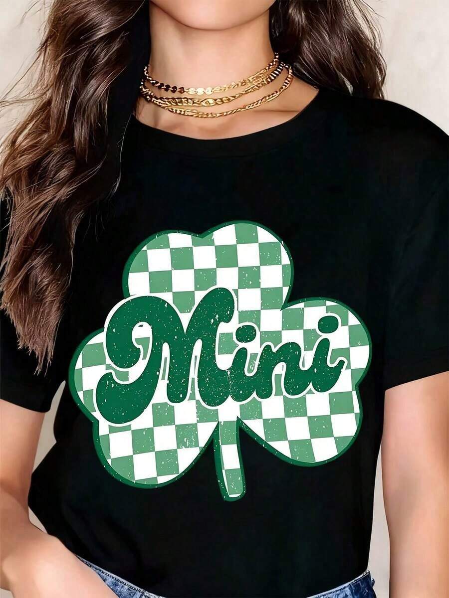 Camiseta de cuello redondo blanca con estampado mini de trébol a cuadros para el Día de San Patricio, ropa casual. - Negro - Ver 1