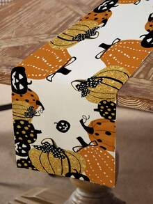 1pc Halloween Linen Table Runner, 183*33cm Colorful Pumpkin Pattern Polyester Table Runner, Halloween Decoration, Halloween Party Dining Table Decor, Home Decor, Halloween Candy Decor, Happy Halloween Decoration, Dining Table Centerpiece, Scary Halloween Decor, Tabletop Decoration - Multicolor - View 9