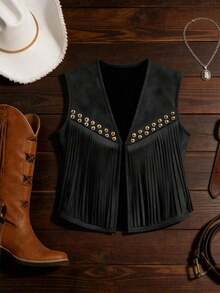 Chaqueta casual de mujer con flecos de gamuza, decoración de remaches, estilo bohemio, versátil para uso diario, vacaciones, trabajo, estilo francés elegante, sin mangas, beige, para principios de primavera/primavera y verano - Negro - Ver 11