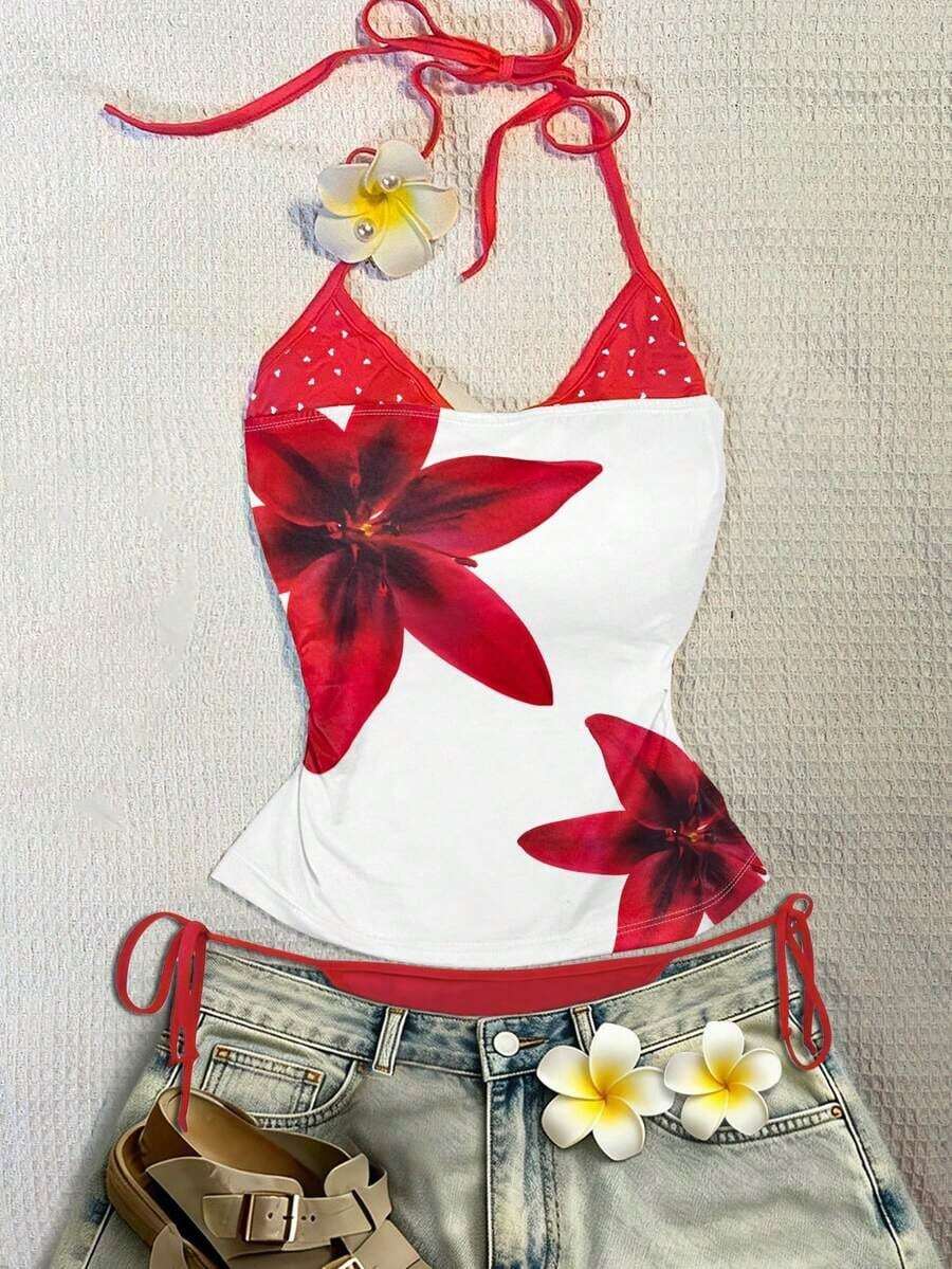 Este top deportivo sin espalda con estampado contrastante para mujer es perfecto para viajes a la isla, salidas a la playa, vacaciones, uso diario, festivales de música, fiestas y otras ocasiones. - Multicolor 3 - Ver 1