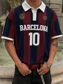 Men's Barcelona Football Jersey Style Polo Shirt, Striped Pattern T-Shirt, Retro Fabric, Modern Loose Fit Sports & Streetwear For Summer - Multicolor - View 1