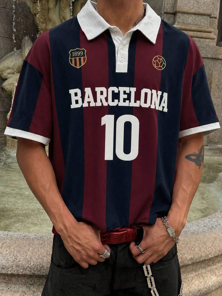 Men's Barcelona Football Jersey Style Polo Shirt, Striped Pattern T-Shirt, Retro Fabric, Modern Loose Fit Sports & Streetwear For Summer - Multicolor - View 1