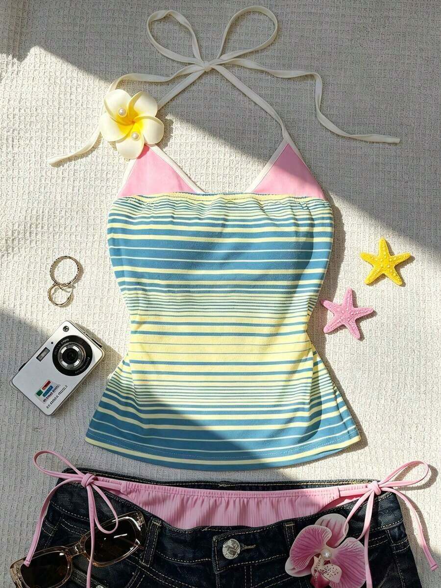 Este top deportivo sin espalda con estampado contrastante para mujer es perfecto para viajes a la isla, salidas a la playa, vacaciones, uso diario, festivales de música, fiestas y otras ocasiones. - Multicolor 11 - Ver 1