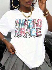 [National Shipping] Camiseta con Estampado Patchwork "Amazing Grace How Sweet The Sound" para Mujer, Blusa Blanca Casual, Camiseta con Inspiración Cristiana para Uso Diario y Eventos Religiosos tops de mujer camisetas - Estilo - Ver 7