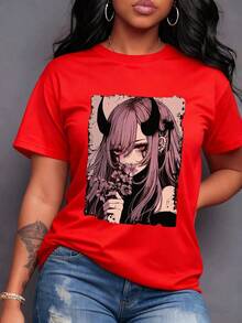 A Mysterious, Ethereal Beauty With Bold Horns And Piercing Red Eyes, Her Loose Lilac Hair Holding Delicate Purple Flowers, Reflecting A Unique Charm Between Mystical Strength And Subtle Grace. Women's T-Shirt 220g, Casual Short Sleeve. - 紅色 - 查看 1