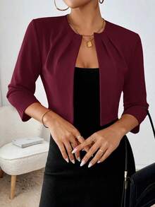 Blazer corto de mujer con abertura frontal, chaqueta elegante de unicolor para el trabajo o atuendos elegantes en otoño/invierno - Burdeos - Ver 3