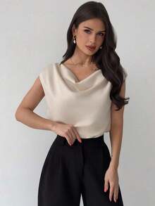 Body de satén asimétrico con volantes en el cuello, estampado de patrones minimalistas y elegantes, adecuado para citas, viajes y vestimenta laboral, con estilo elegante - Albaricoque - Ver 4