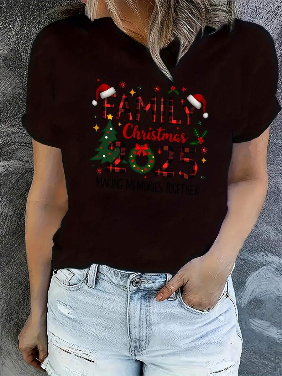 Women's Short Sleeve T-Shirt With Cozy Christmas Theme - Family Happiness Prints, Casual Crew Neck For Easy Wear, Breathable And Comfortable, Ideal For Various Occasions, Available In Multiple Colors And Sizes To Boost Your Festive Spirit, Show Your Style With - 黑色 - 查看 1