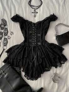 Vestido mini asimétrico de mujer con corsé de encaje y estilo vintage, adecuado para Y2K - Negro - Ver 2
