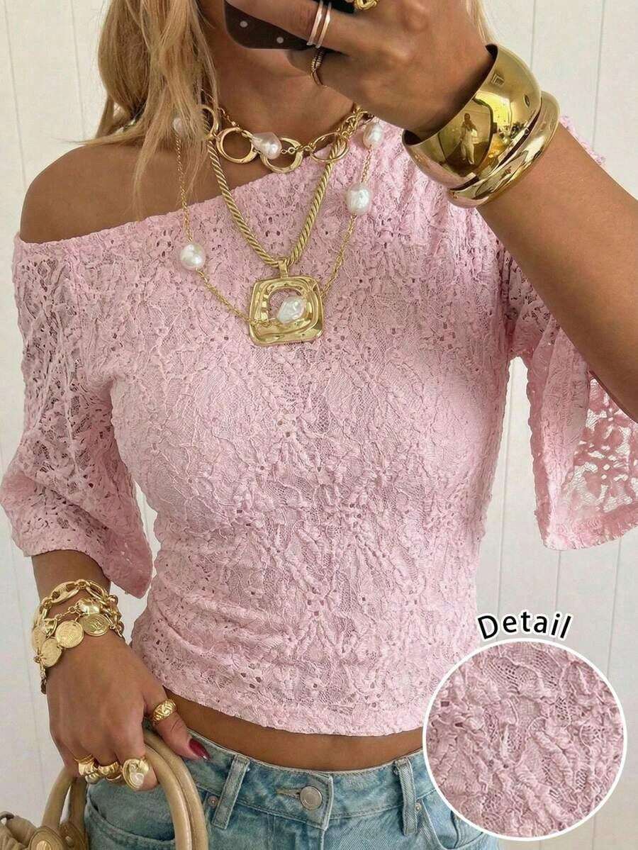Camiseta corta de punto color albaricoque con mangas cortas estilo batwing para mujer de - Rosa - Ver 1
