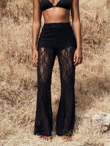 Pantalones elegantes de cintura alta con volantes de encaje para mujer, para citas, salidas nocturnas, para otoño e invierno - Negro 2 - Ver 7