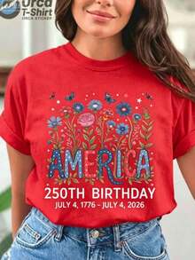 Camiseta con Diseño Floral - Camiseta con Patrones Coloridos que Presenta Letras Azules, Rojas y Blancas, Combinadas con Mariposas y Flores - Cómoda Camiseta Casual de Cuello Redondo, Talla Grande - Regalo Ideal para el Día de la Independencia, Días Festivos Nacionales y Reuniones de Verano 100% Algodón Transpirable para el Verano - Rojo - Ver 4