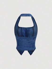 Top en mezclilla con botón delantero de cuello halter - Azul lavado medio - Ver 2