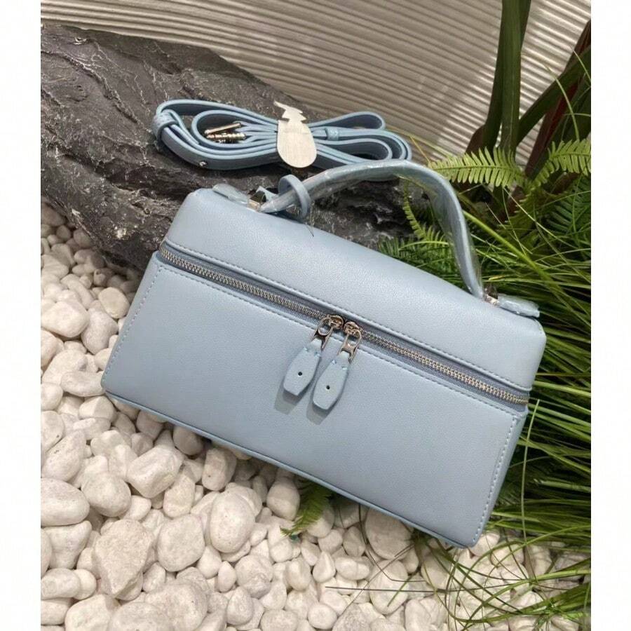 L23 Minimalist Solid Color Boxy Handbag For Women Elegant Smooth Faux Leather Top Handle Bag Luxury Design Structured Crossbody Purse With Adjustable Strap Versatile Daily Travel Satchel - 淺藍色金扣(L23荔枝紋) - 查看 1