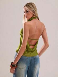 Parte superior de mujer de unicolor con escote pronunciado y espalda descubierta, top de mujer, blusa blanca de mujer, blusas y tops de mujer Xrlq9, ropa de mujer, camisetas de mujer, top de verano - Verde - Ver 2
