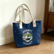 Miniso Disney Toy Story Buzz Lightyear Cosmic Cowboy Canvas Tote Bag, Navy Blue Star Print Shoulder Bag For Daily Use - White - View 1