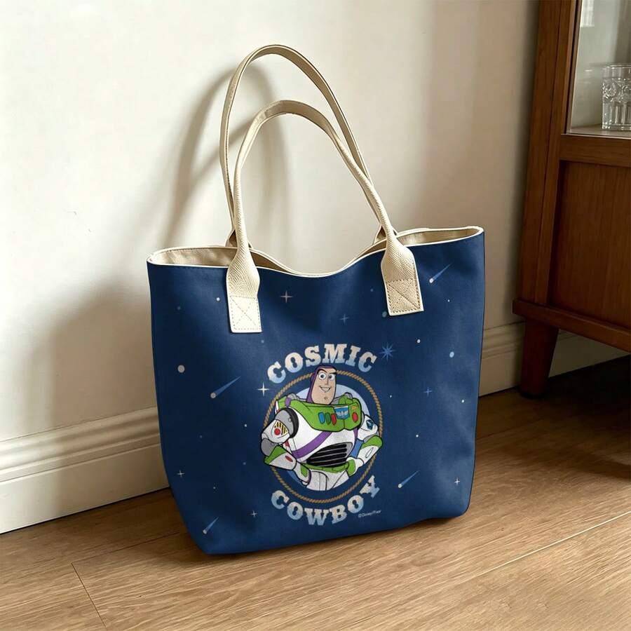 Miniso Disney Toy Story Buzz Lightyear Cosmic Cowboy Canvas Tote Bag, Navy Blue Star Print Shoulder Bag For Daily Use - White - View 1