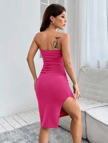 Vestido Con Abertura Sin Tirantes - Rosa Fucsia - Ver 2