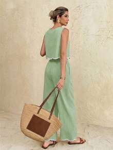 Conjunto de 2 piezas de top de tirantes y pantalones de moda casual de vacaciones para mujer - Verde - Ver 2