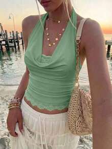 Nuevo Camisol de Mujer con Cuello Halter, Espalda Descubierta y Tirantes con Lazo, Diseño de Encaje y Parches, Adecuado para Vacaciones y Playa - Verde Oliva - Ver 8