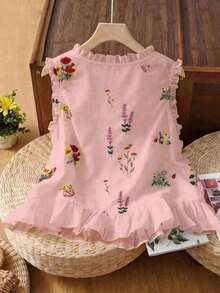 Nueva llegada de primavera/verano Blusa sin mangas con volantes de estampado floral francés dulce y único, elegante top de tirantes - Rosa - Ver 2