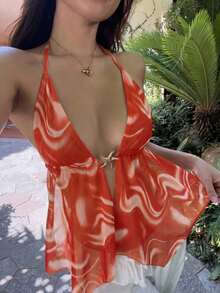 Camiseta de tirantes sexy con efecto cross y espalda descubierta, cuello Halter con teñido anudado para mujer - Rojo y blanco - Ver 4
