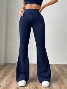Pantalones de mujer negros tejidos ajustados y acampanados, de moda y versátiles - Azul marino - Ver 6