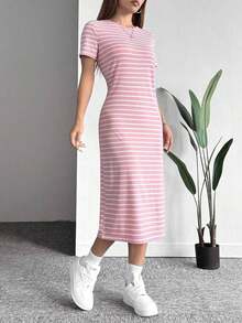 Vestido casual de verano de manga corta tejido a rayas en blanco y negro con estampado - Rosa vieja - Ver 7