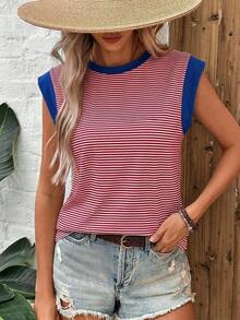 Camiseta casual de mujer con bloques de color y rayas, de verano - Rojo - Ver 2