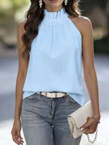 Blusa plisada de unicolor, versátil y casual para uso diario - Azul - Ver 3