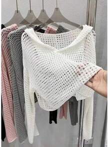 Pointelle-suéter de punto con capucha para mujer, Jersey transparente calado de manga larga, Top corto, traje Y2K para adolescente, primavera y verano - Gris - Ver 5