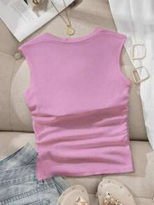 Camiseta sin tirantes con cuello cuadrado, cintura fruncida y sujetador acolchado sin aros - Morado - Ver 2