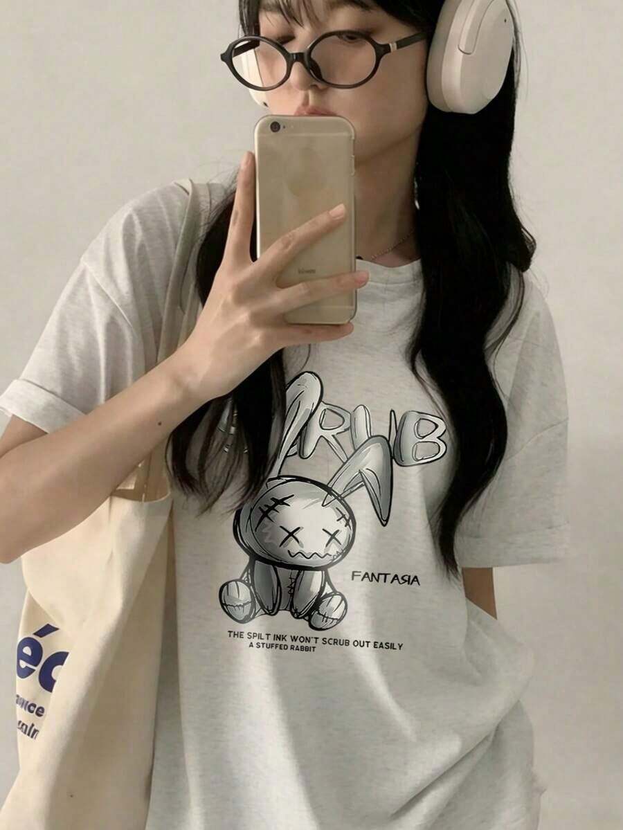 Women's Short-Sleeved T-Shirt, Rabbit Print Design, Round Neck, Casual, Versatile, For Young Girls, Black Color, Spring/Summer. - Light Grey - View 1