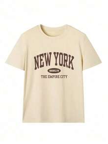 Off-White Oversized T-Shirt With "NEW YORK BROOKLYN" Lettering Print, Retro Y2K Collegiate Style, Casual Summer Top With New York City Design, Vintage Cotton T-Shirt For American Fashion Lovers, Travel Souvenir, Everyday Wear And Going Out - 香檳色 - 查看 2