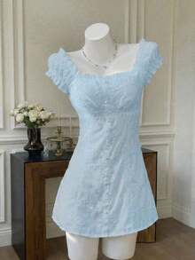 Nuevo vestido mini elegante con diseño de jacquard rosa, estilo dulce y picante de resort, atuendo de campo pastoral, ceremonia de graduación, estilo universitario, vacaciones de verano, playa, fiesta, boda - Azul - Ver 2