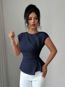 Conjunto de primavera para mujer para exteriores, adecuado para Año Nuevo, Día de San Valentín, Pascua, Día de la Madre, fiesta de Oriente Medio, boda, elegante vacación romántica francesa, lugar de trabajo, blusa sin mangas con cintura ceñida y v - Azul marino - Ver 3