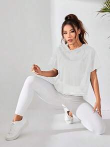 Sudadera deportiva con capucha, holgada, con hombro caído, manga corta y perspectiva suelta de unicolor para mujeres - Blanco - Ver 5