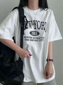 Camiseta gráfica 'Nueva York 50,62 metros' para mujer - Camiseta casual negra con estampado 'Novum Eboracum The Empire City', manga corta, cuello redondo, moda de verano, ropa casual | Estilo casual | Camisa de manga corta - Blanco - Ver 2