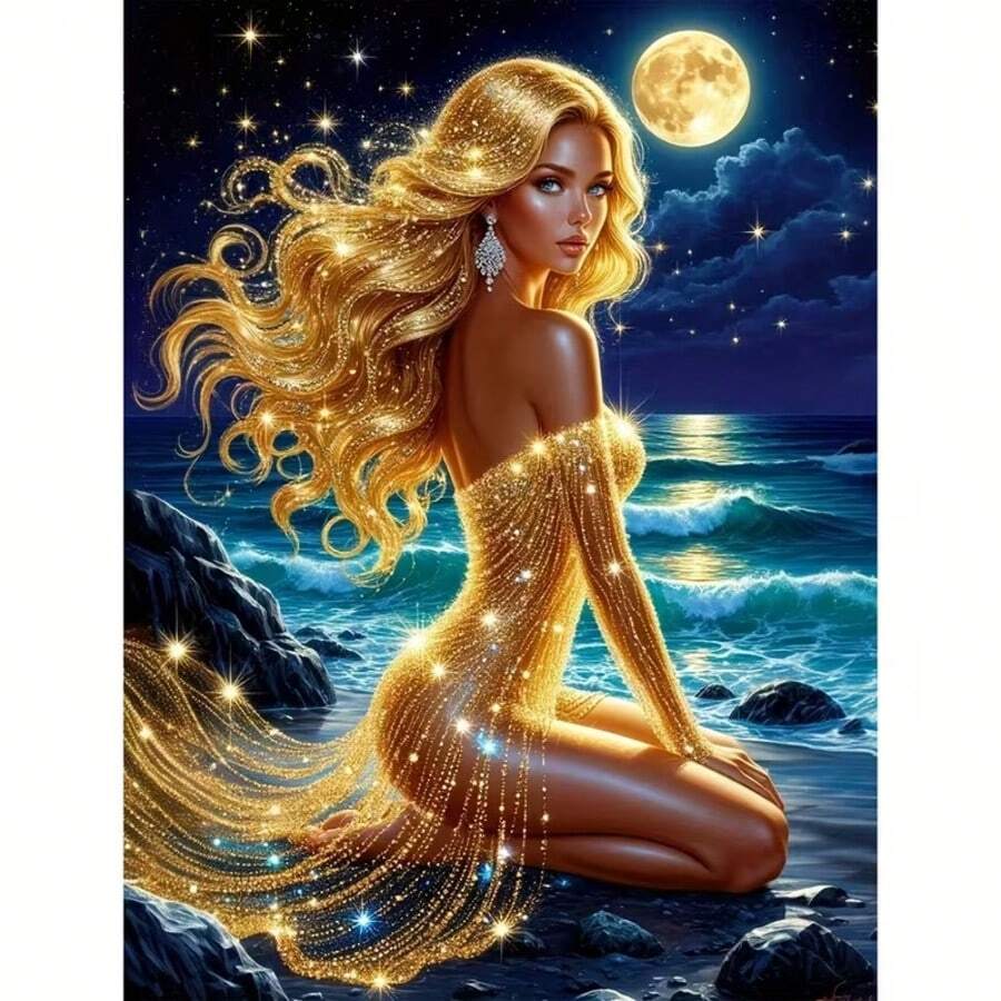 1pc 5D Acrylic Diamond Painting Kit, 30*40cm/11.8*15.7in, Golden Woman Pattern, Suitable For Adult Beginners DIY Mosaic Diamond Art, Full Drill Handmade DIY Diamond Painting, Decor For Living Room, Bedroom, Office Wall, Gift For Family And Friends, Frameless - No Frame - View 1