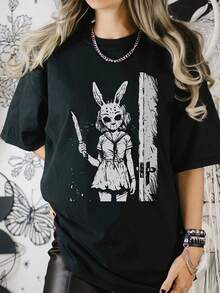 Camiseta de Mujer con Estampado Gráfico del Conejo Horror - Arte Gótico Anime, Cuello Redondo Casual, Lavable a Máquina para Todas las Temporadas, Moda Alternativa Top, Atuendo casual, Diseño Audaz, Material Transpirable, Camisa Llamativa, Para Amantes Del Streetwear - Negro - Ver 7