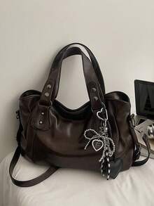 Classic Multifunctional Commuter Solid Color Large Capacity Retro PU Leather Shoulder Bag Handbag Wallet, Zipper Closure, Designed For Women, Suitable For Shopping, Travel, Outing And Other Occasions - Coffee - View 6