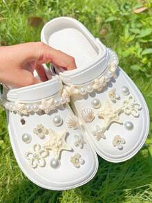 20pcs White Ocean Series Shoe Charms, Shell, Starfish, Bow DIY Accessories, Charm Set For Perforated Slippers - White Starfish Long Chain - View 3