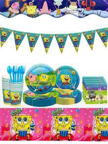 SpongeBob SquarePants SquarePants Series Birthday Party Set - Cartoon-Printed Triangular Flags, Dinner Plates, Paper Cups, Knives And Forks, Napkins, Tablecloth - All Included For A Complete Birthday Party Decoration Kit - Multiple Styles - View 14