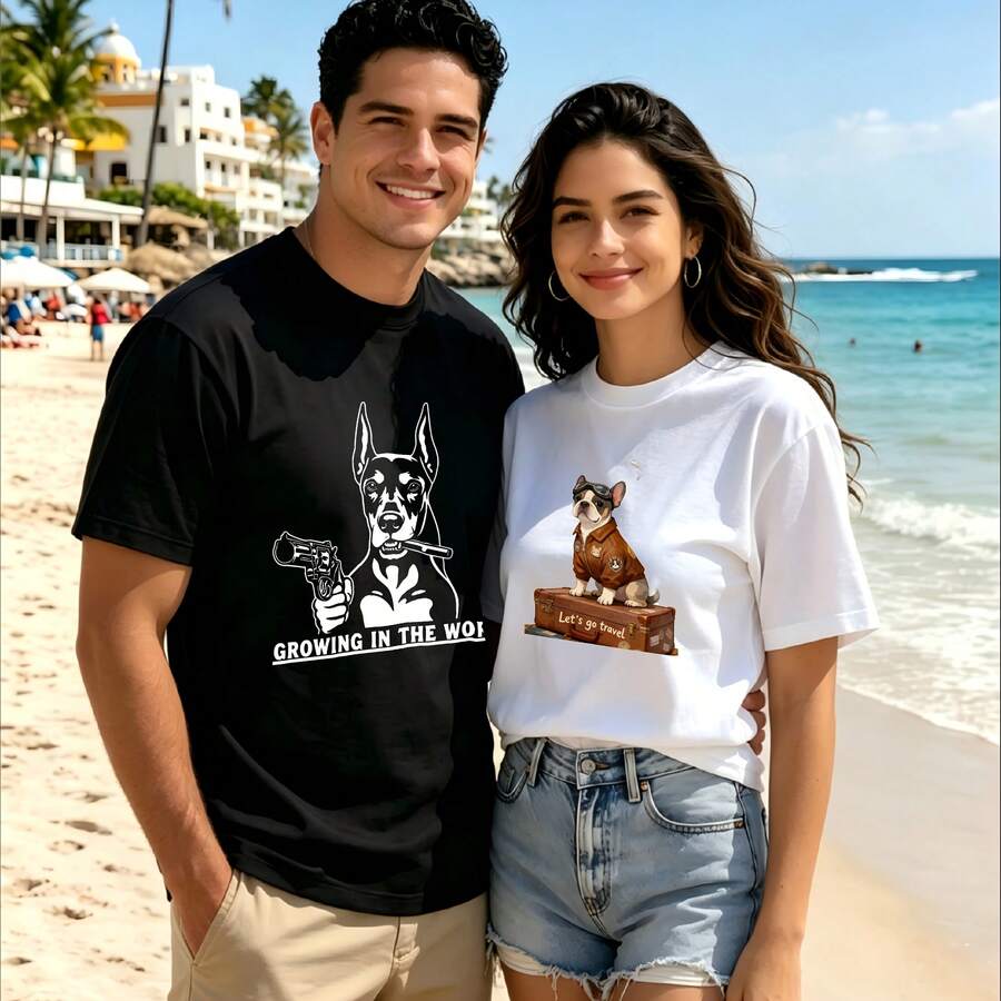 2-Piece Couple Matching Pattern T-Shirt, 100% Cotton, Loose Fit, Soft And Breathable, Casual Round Neck Short Sleeved Top Cocktail Drinks Sunset Summer Festival Ice Cream Versatile Patterns No Picky Combinations Coordinated Dating Casual Travel Simple And Cartoonish Printing Styles High - 黑色 - 查看 1