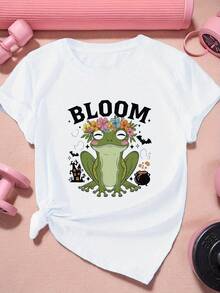 Camiseta deportiva de manga corta de talla para mujer con estampado de flores y rana. - Blanco - Ver 1