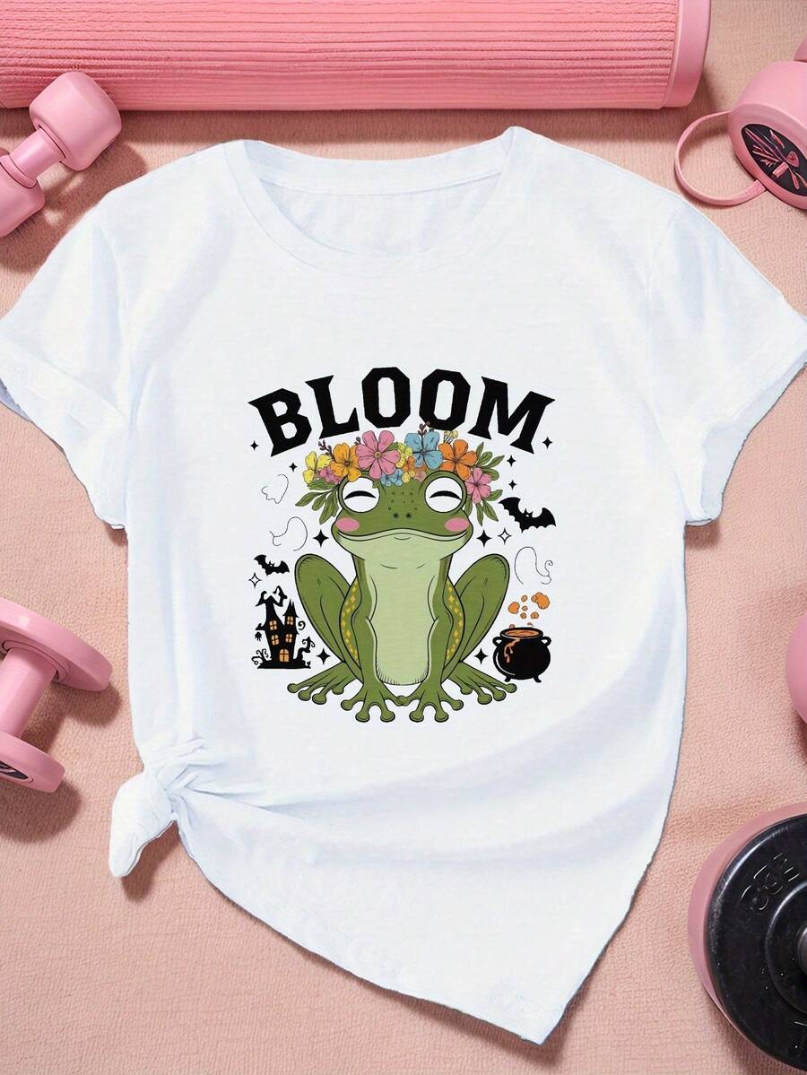 Camiseta deportiva de manga corta de talla para mujer con estampado de flores y rana. - Blanco - Ver 1