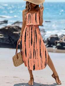 Vestido midi sin mangas con efecto tie-dye, con cintura ajustable y abertura, para el verano - Rosa - Ver 1