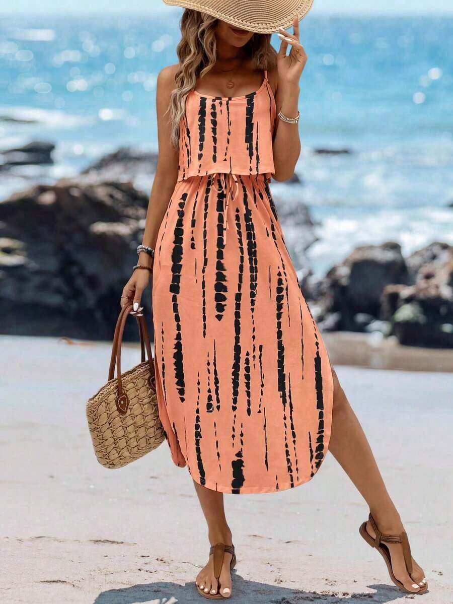 Vestido midi sin mangas con efecto tie-dye, con cintura ajustable y abertura, para el verano - Rosa - Ver 1